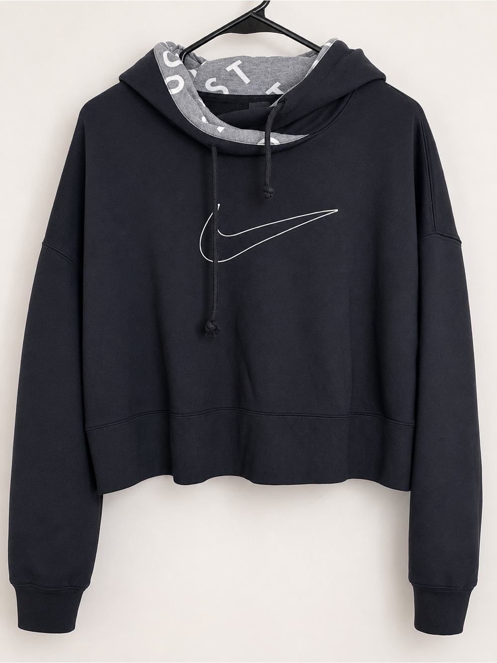 Nike Black Cropped Swoosh Pullover Hoodie with Gray Lined Hood